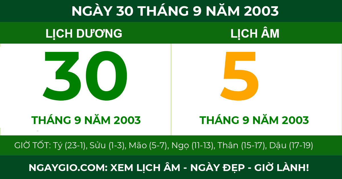 lịch âm ngày 30 tháng 9 năm 2003