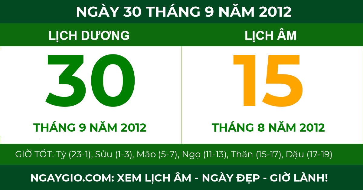 lịch âm ngày 30 tháng 9 năm 2012