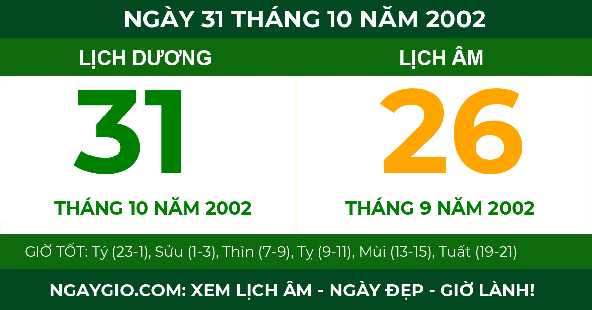 lịch âm ngày 31 tháng 10 năm 2002
