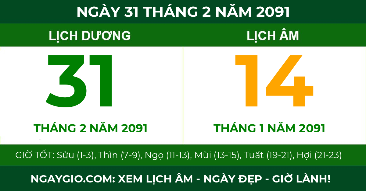 lịch âm ngày 31 tháng 2 năm 2091