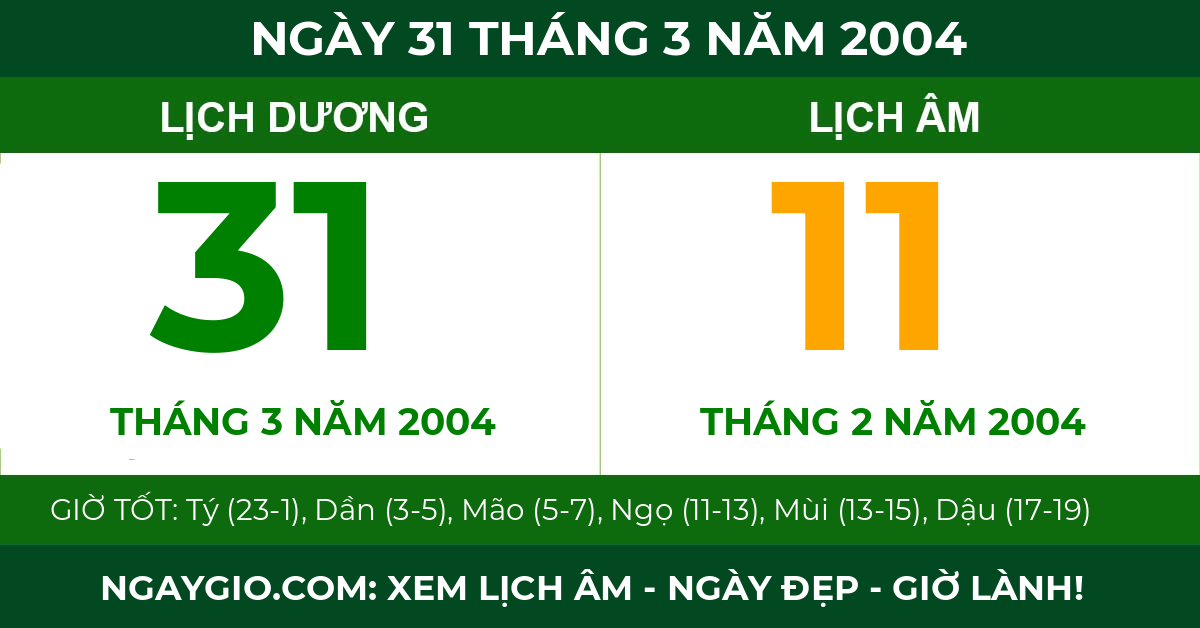 lịch âm ngày 31 tháng 3 năm 2004