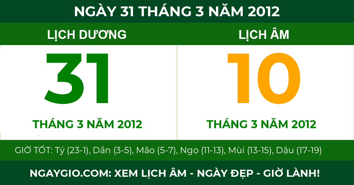 lịch âm ngày 31 tháng 3 năm 2012