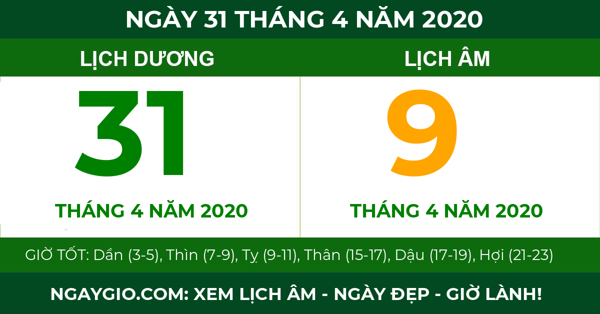 lịch âm ngày 31 tháng 4 năm 2020