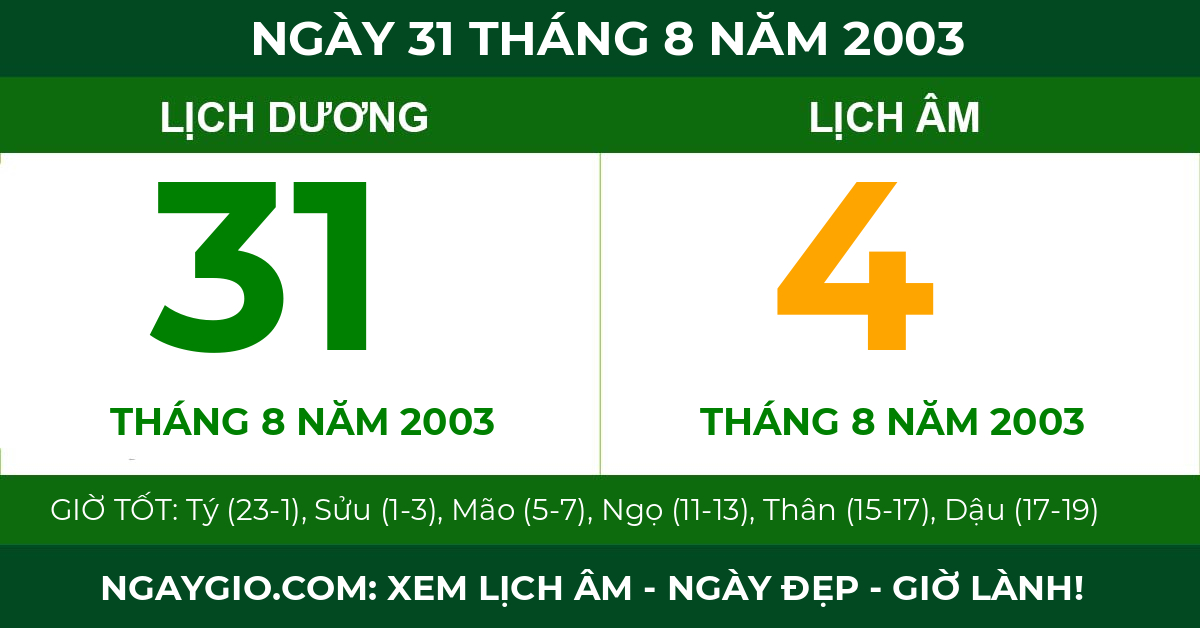 lịch âm ngày 31 tháng 8 năm 2003