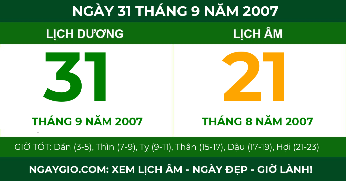 lịch âm ngày 31 tháng 9 năm 2007