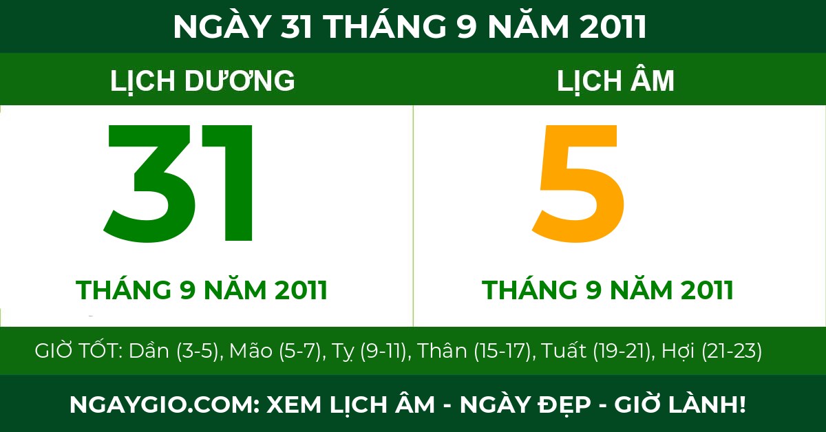 lịch âm ngày 31 tháng 9 năm 2011