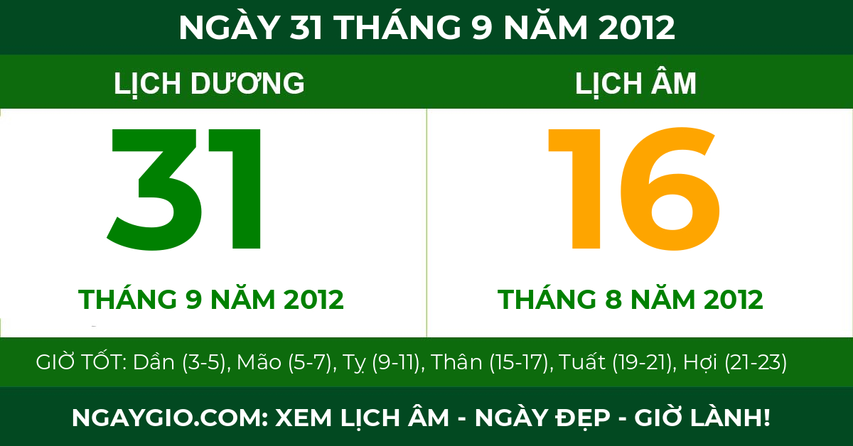 lịch âm ngày 31 tháng 9 năm 2012
