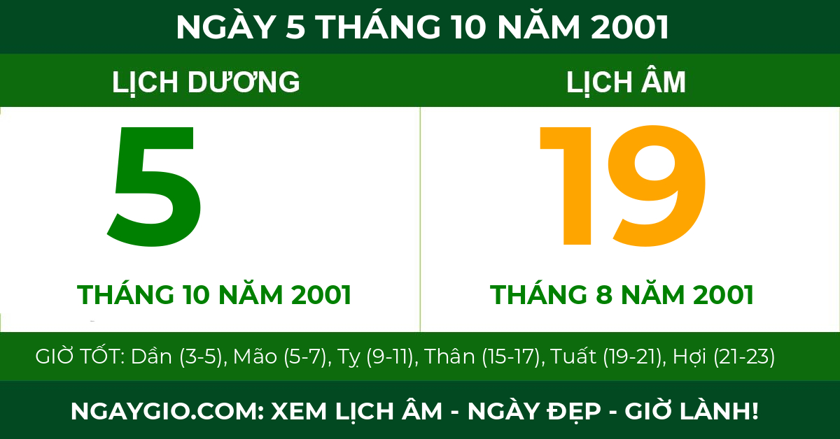 lịch âm ngày 5 tháng 10 năm 2001