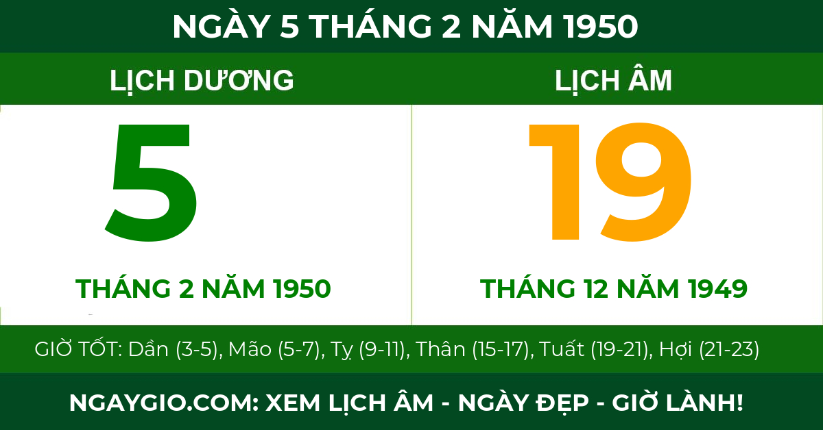 lịch âm ngày 5 tháng 2 năm 1950