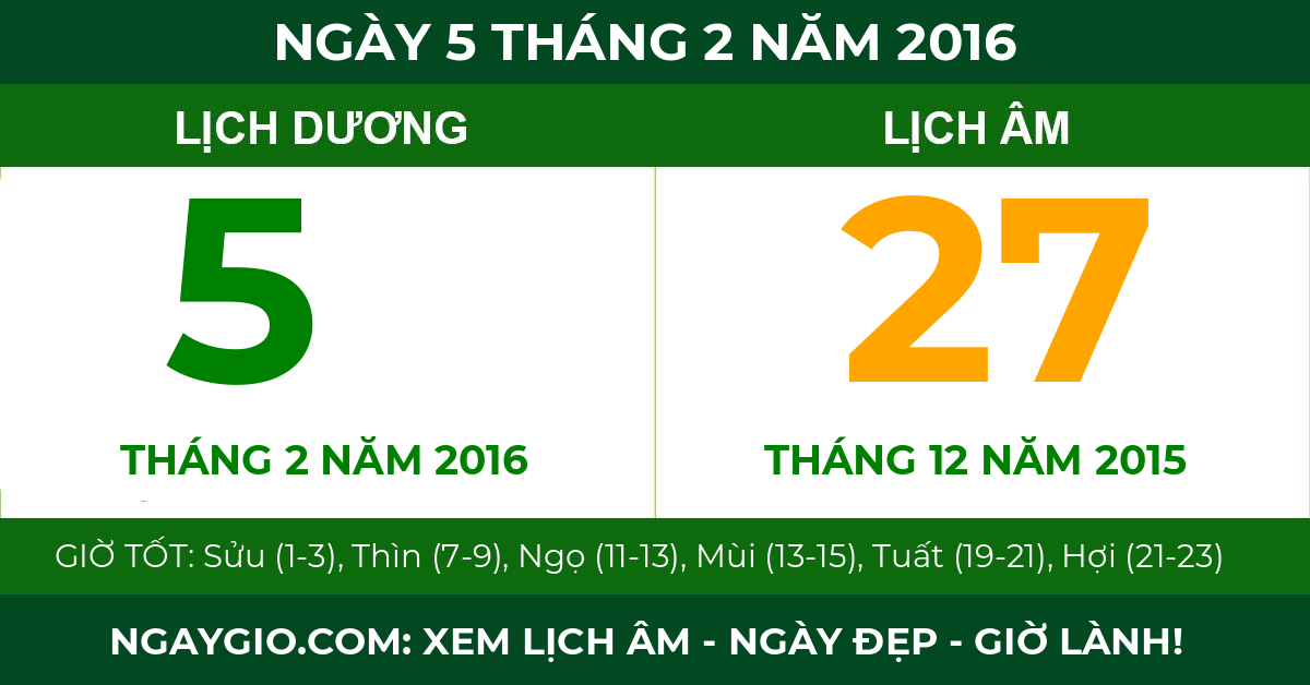 lịch âm ngày 5 tháng 2 năm 2016