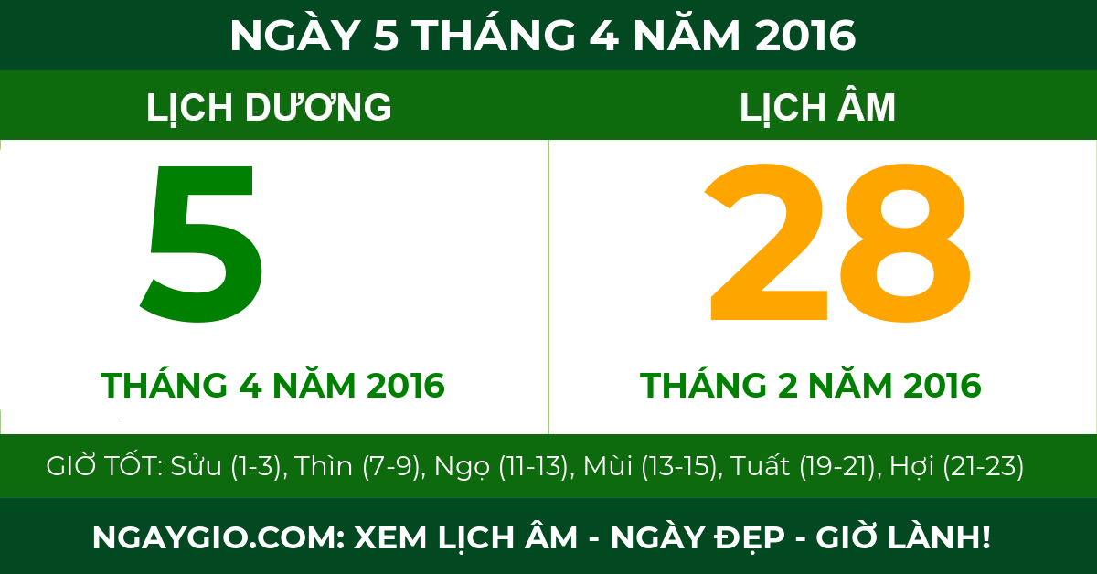 lịch âm ngày 5 tháng 4 năm 2016
