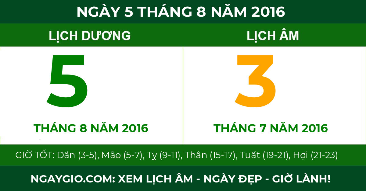 lịch âm ngày 5 tháng 8 năm 2016