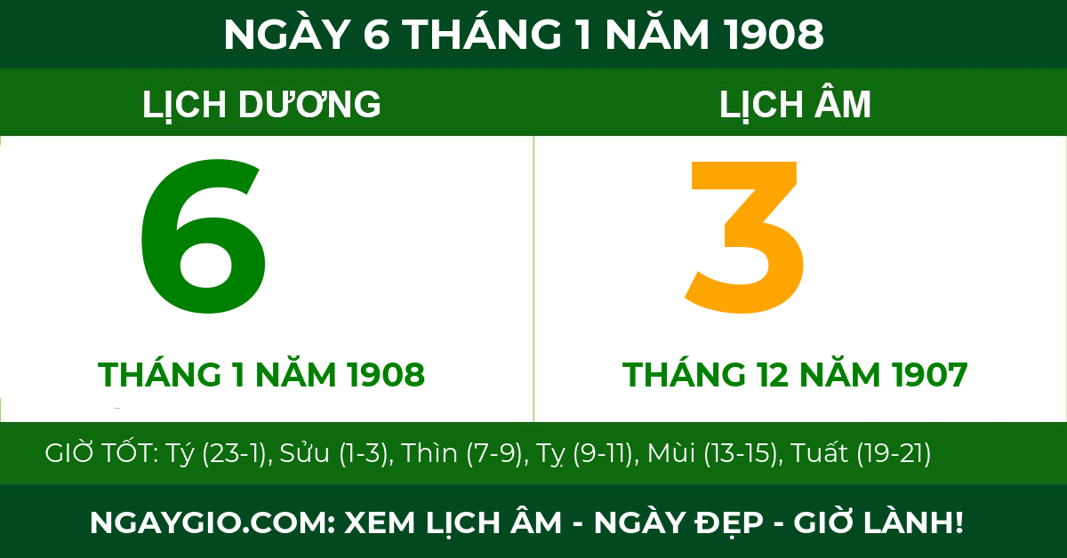 lịch âm ngày 6 tháng 1 năm 1908