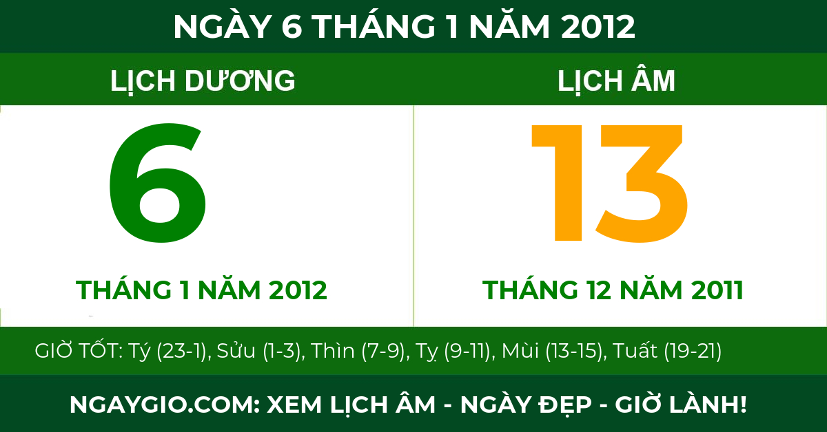 lịch âm ngày 6 tháng 1 năm 2012