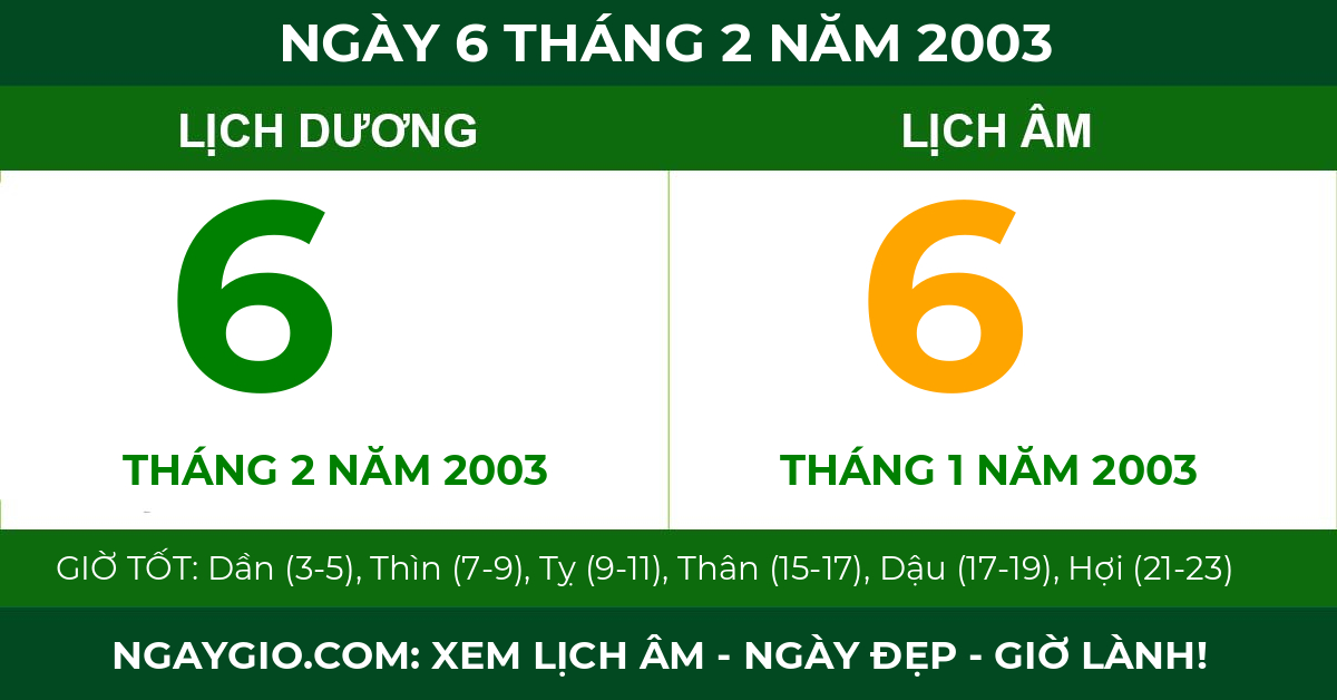 lịch âm ngày 6 tháng 2 năm 2003