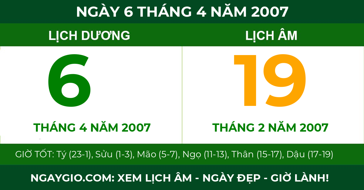lịch âm ngày 6 tháng 4 năm 2007