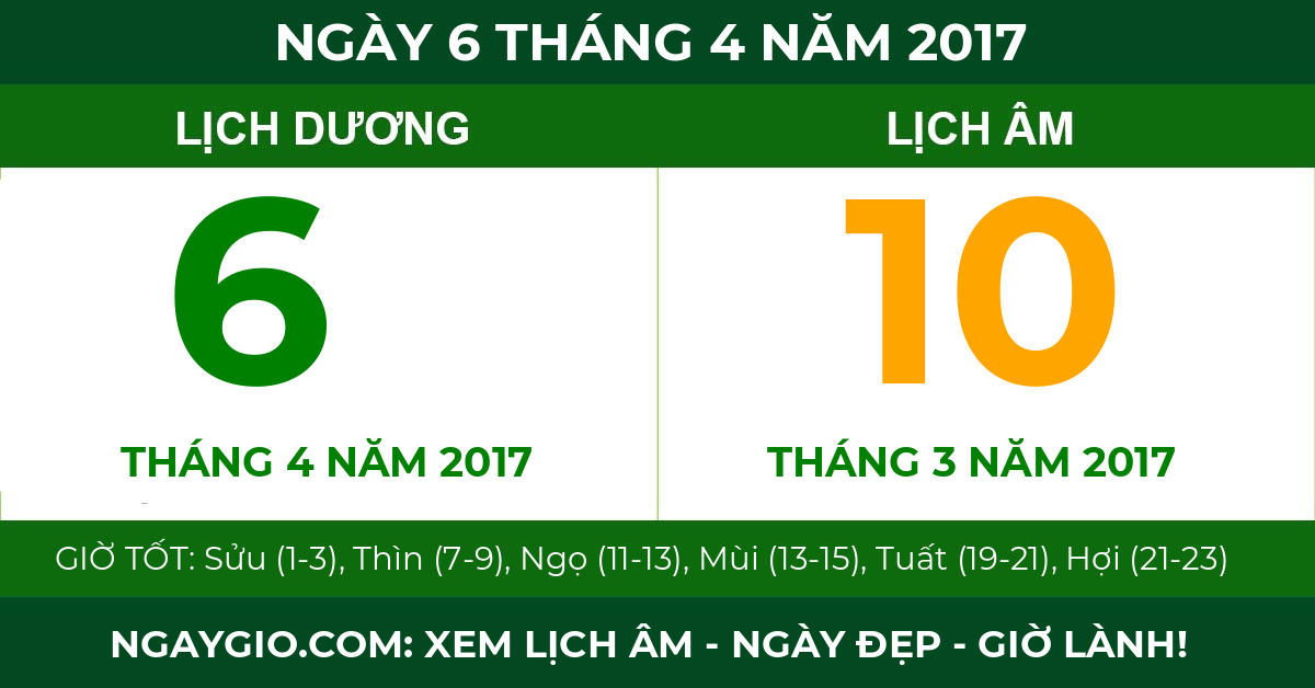 lịch âm ngày 6 tháng 4 năm 2017