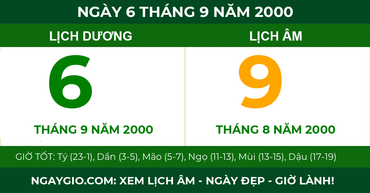 lịch âm ngày 6 tháng 9 năm 2000