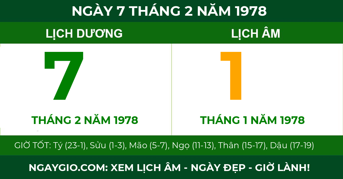 lịch âm ngày 7 tháng 2 năm 1978