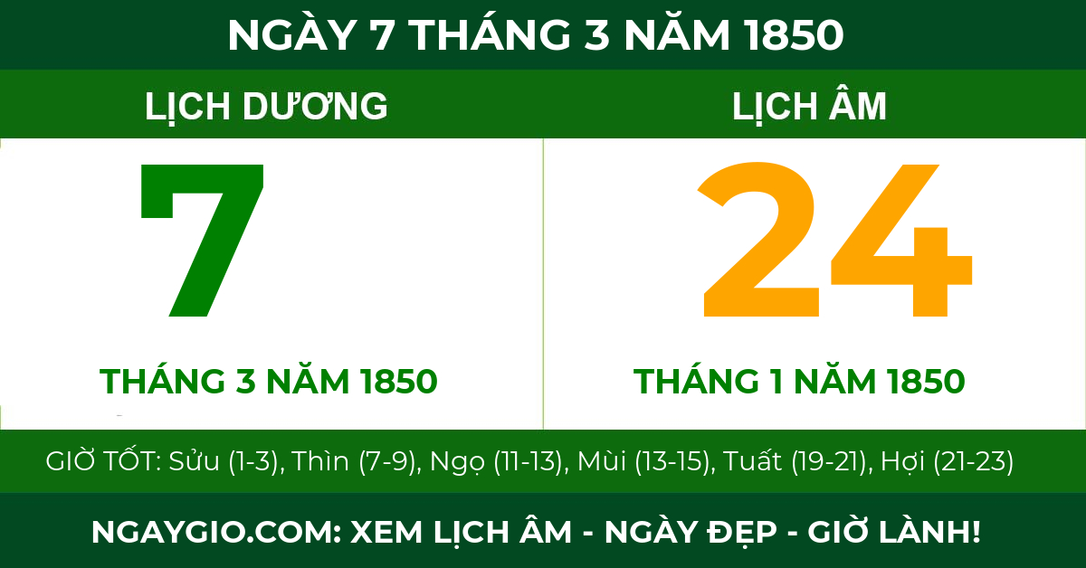 lịch âm ngày 7 tháng 3 năm 1850