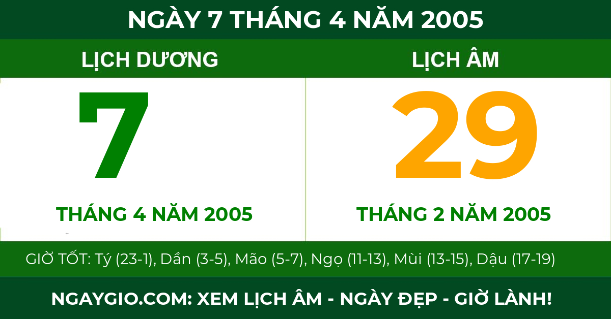 lịch âm ngày 7 tháng 4 năm 2005