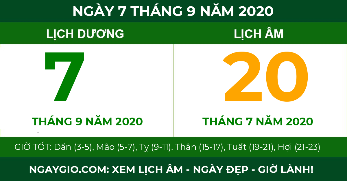 lịch âm ngày 7 tháng 9 năm 2020