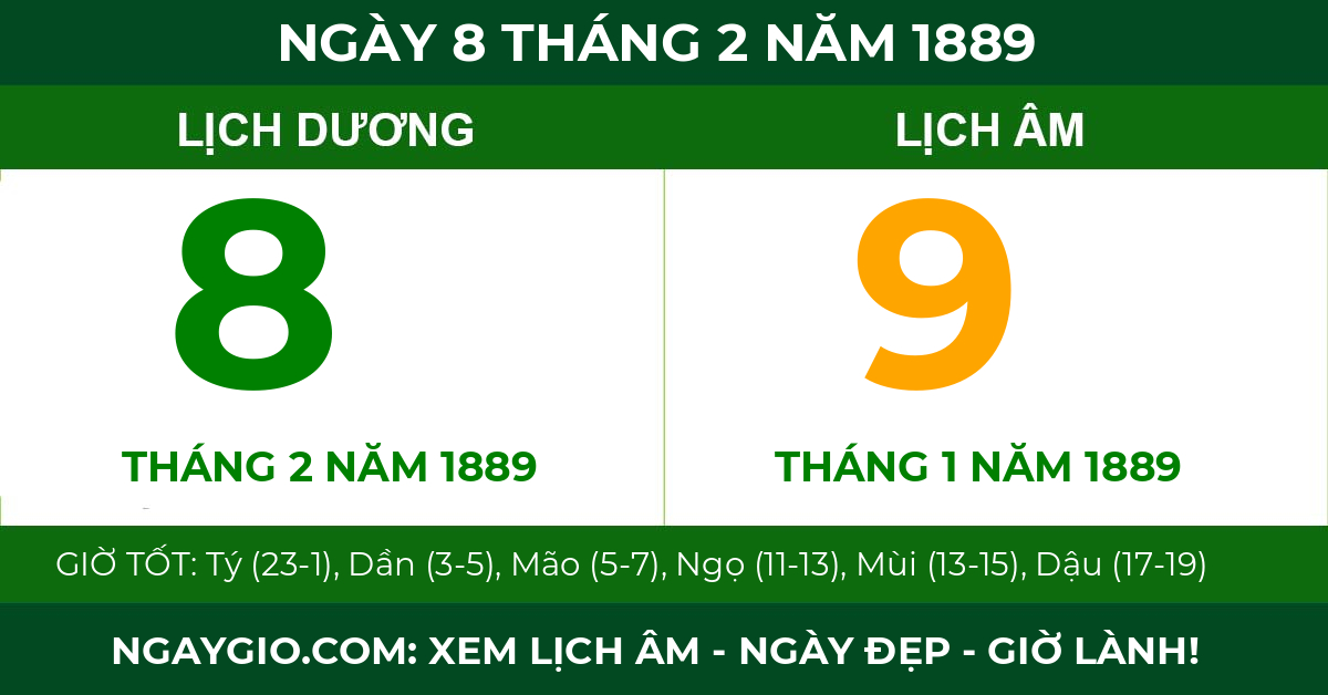 lịch âm ngày 8 tháng 2 năm 1889