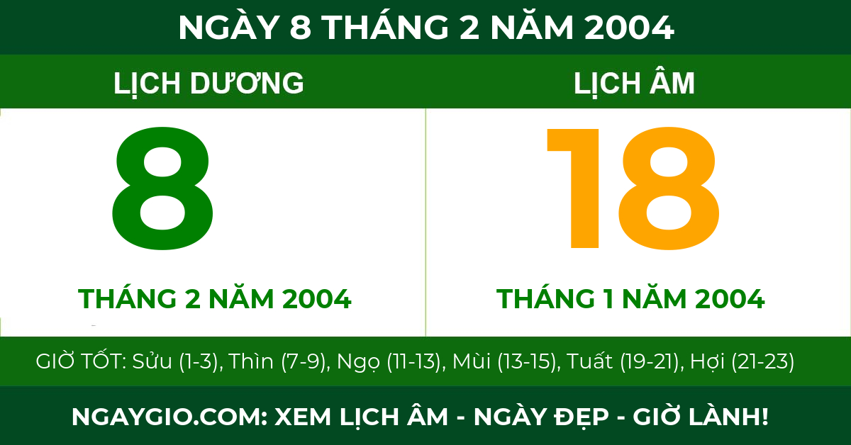 lịch âm ngày 8 tháng 2 năm 2004