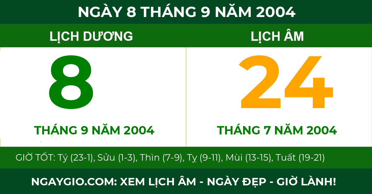 lịch âm ngày 8 tháng 9 năm 2004