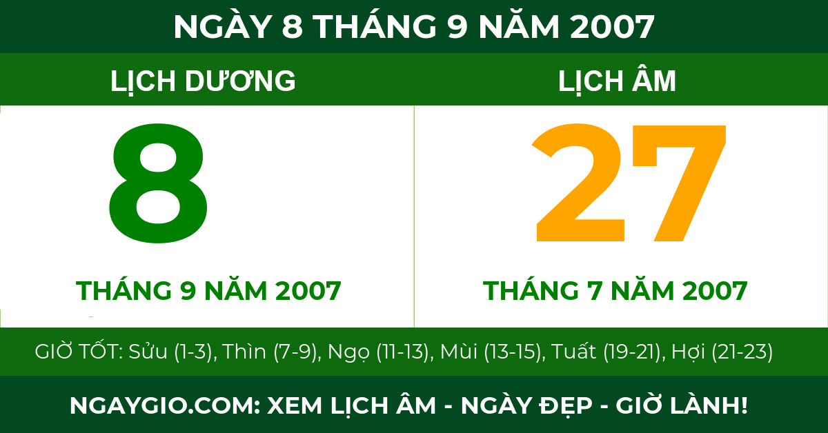 lịch âm ngày 8 tháng 9 năm 2007