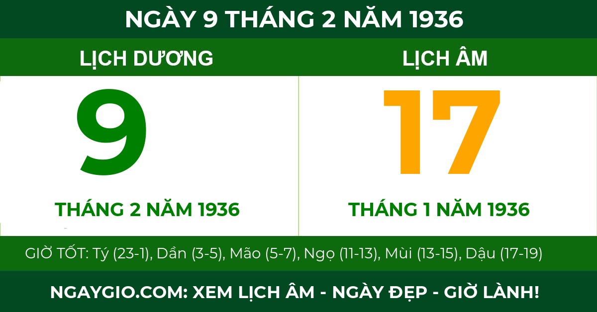 lịch âm ngày 9 tháng 2 năm 1936