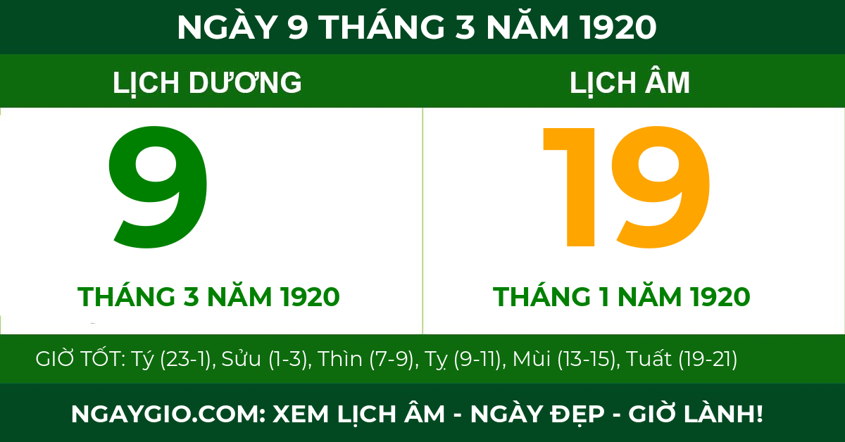 lịch âm ngày 9 tháng 3 năm 1920