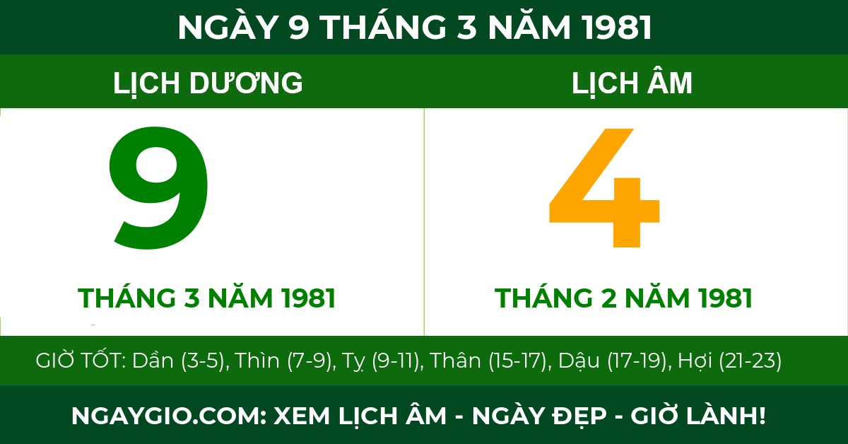 lịch âm ngày 9 tháng 3 năm 1981