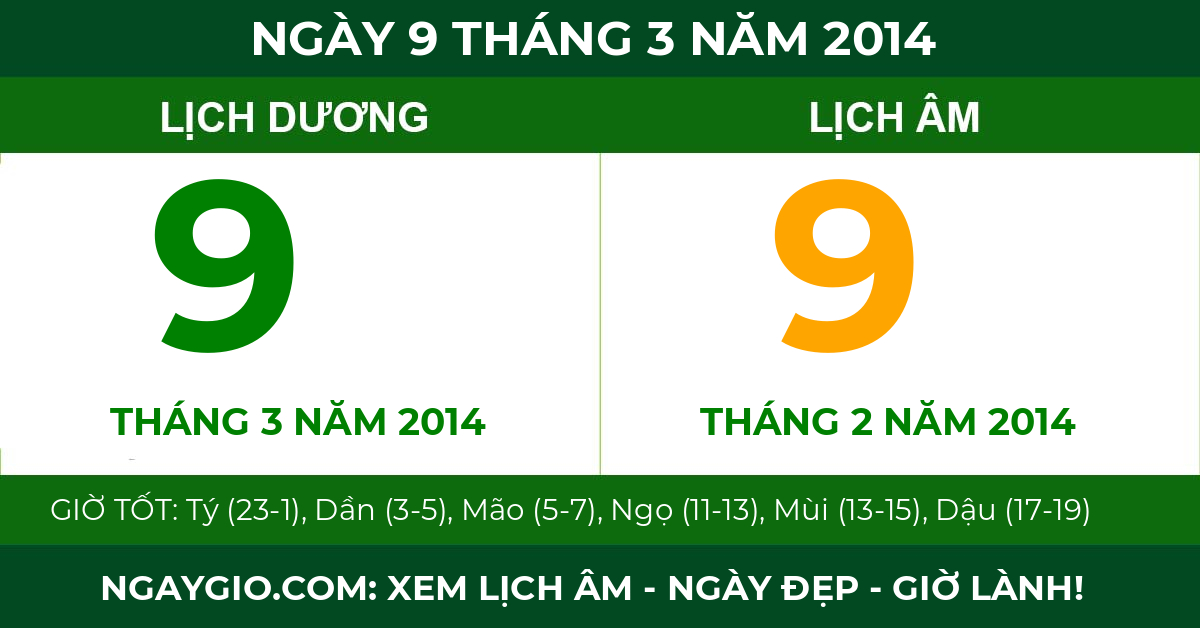 lịch âm ngày 9 tháng 3 năm 2014