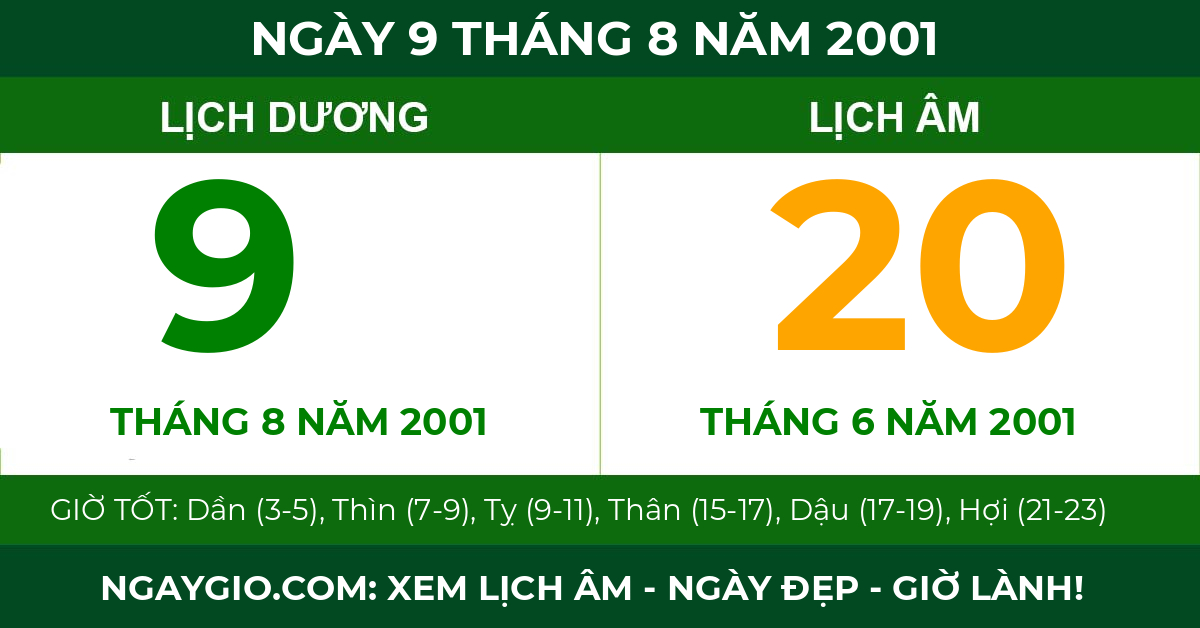 lịch âm ngày 9 tháng 8 năm 2001